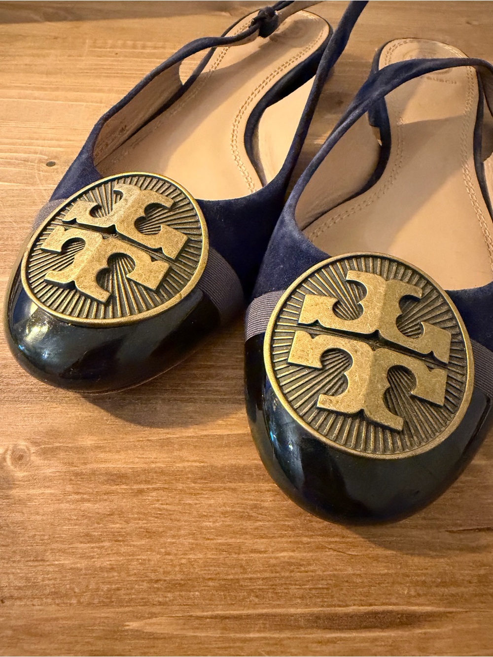 Tory Burch Navy Slingback Flats with Gold Logo Discs